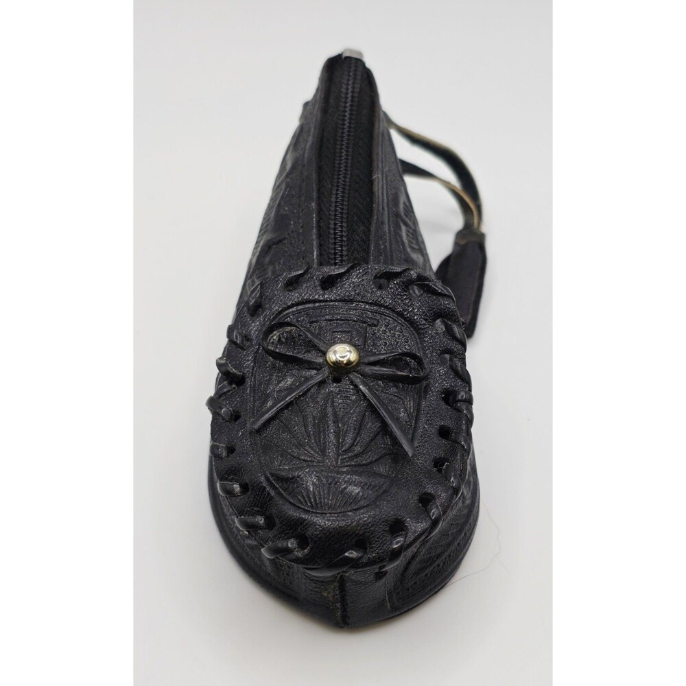 Vintage black leather shoe coin purse with zipper Horses Mexico